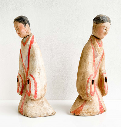 Pair of Chinese Painted Pottery Kneeling Figures of Attendants