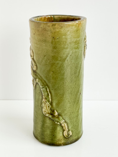 Chinese Cylindrical Green Glazed Ceramic Vase