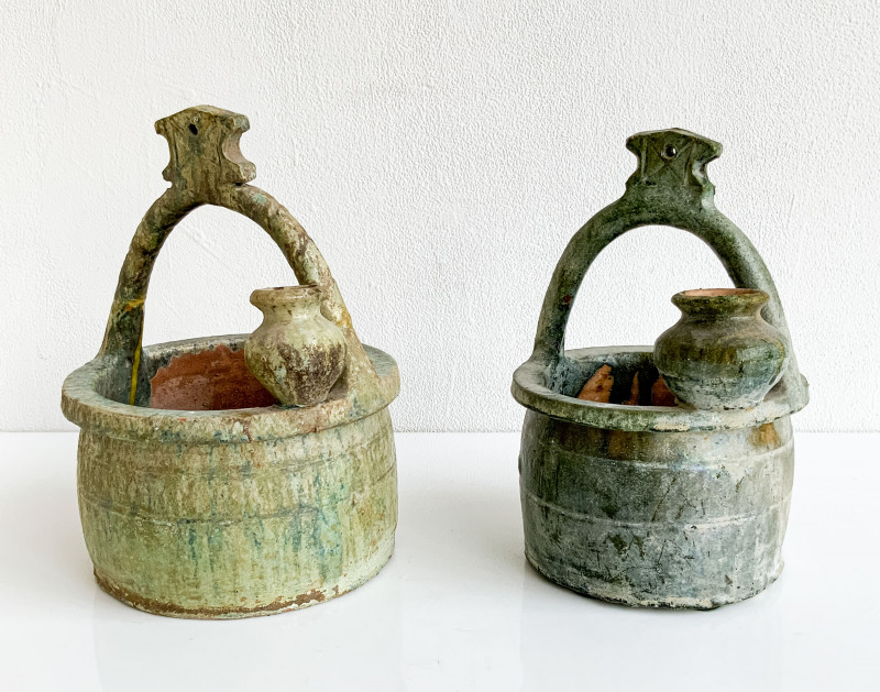 2 Chinese Green Glazed Ceramic Models of Wells