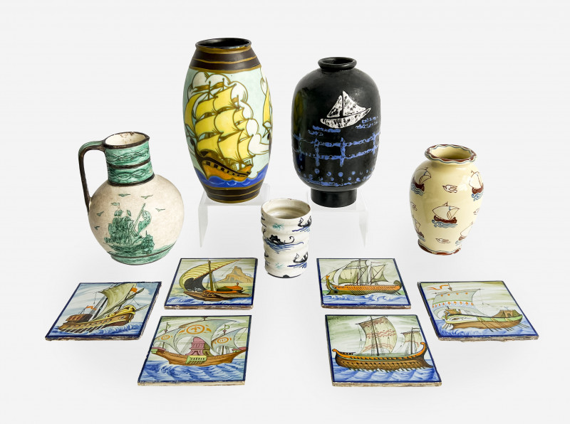 Group Of Maritime Themed Pottery Vessels And Tiles