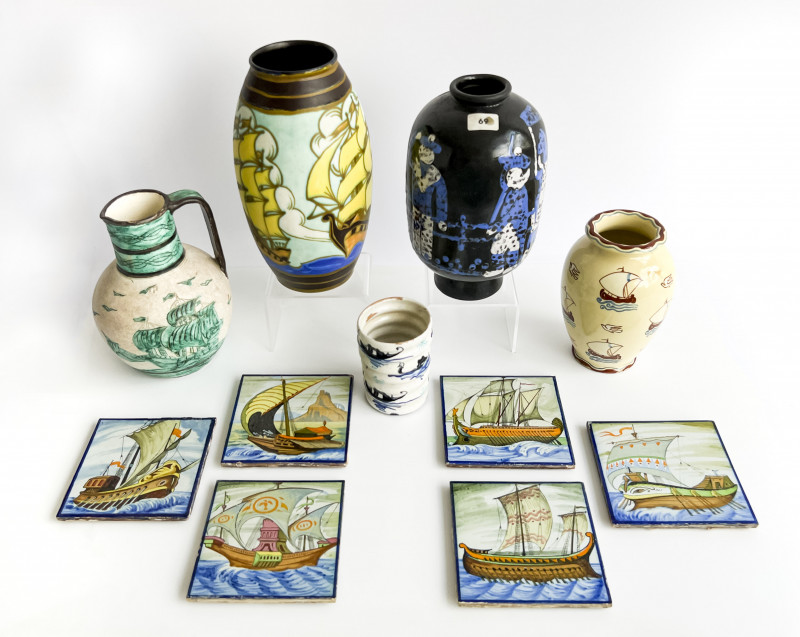 Group Of Maritime Themed Pottery Vessels And Tiles