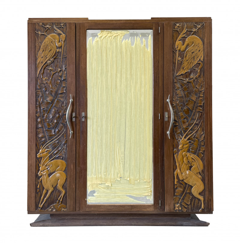 Art Deco Carved Wood Wardrobe with Mirror