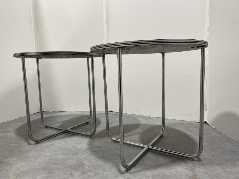 2 Bauhaus Style Tubular Chrome and Acrylic Round Tables