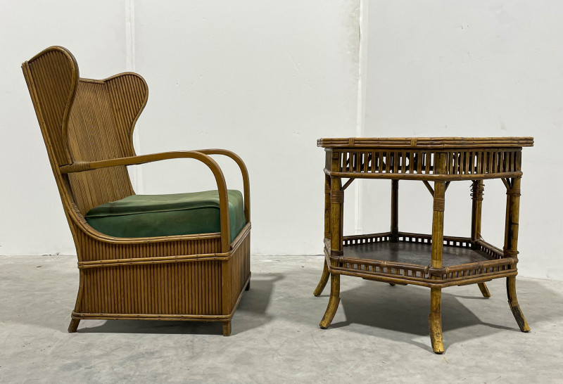 Rattan Armchair and Occasional Table