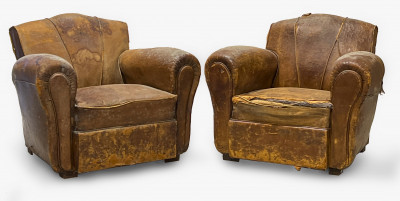 Pair of French Art Deco Leather Armchairs