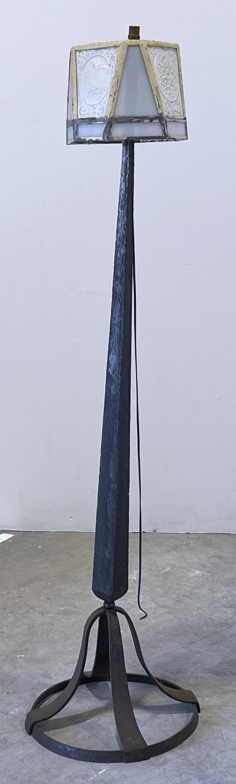 Art Deco Iron Floor Lamp with Slag Glass Shade (shade damaged)