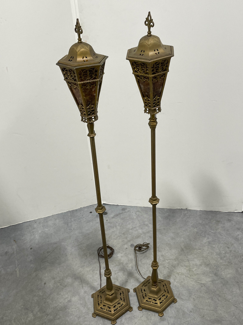Pair of Gilt Metal Floor Lamps with Mica Shades, in the style of Oscar Bach