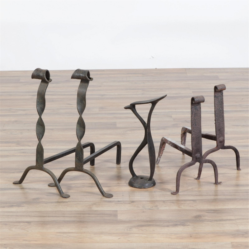 2 Pairs Iron Andirons and Boot Form
