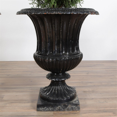 Pair Classical Style Black Painted Iron Urns