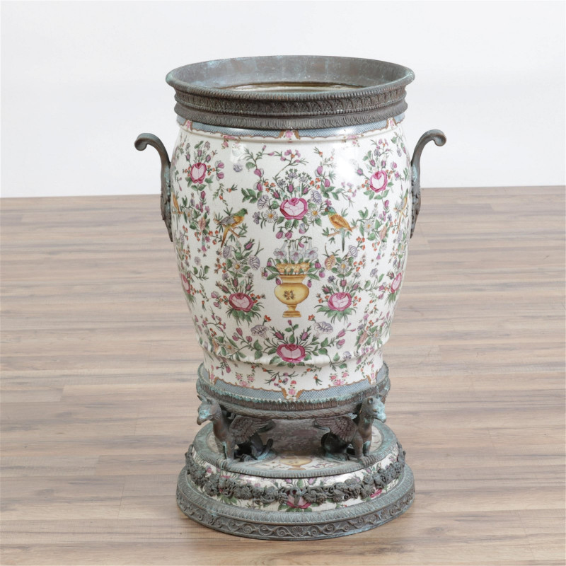 Neo Classical Style Bronze & Porcelain Garden Urn