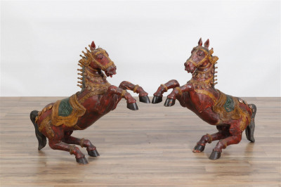 Image for Lot Pair Indian Processional Painted Wooden Horses