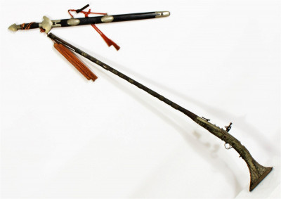 Image for Lot Persian Metal Inlaid Flintlock Rifle & Sword