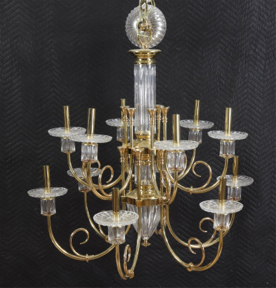 Image for Lot Classical Style Brass & Glass 12-Light Chandelier