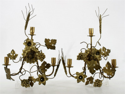 Image for Lot Pair Brass Grape Vine 3-Light Sconces
