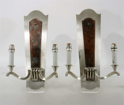 Image for Lot Pair Art Deco Nickel Plated Mirrored Sconces