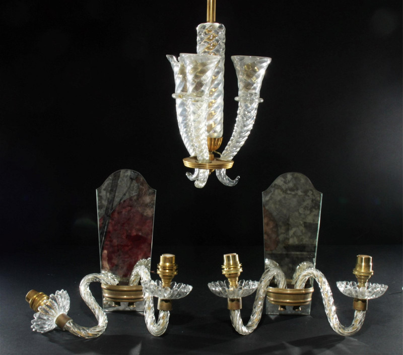 Italian Molded Glass Mirrored Sconces, Chandelier