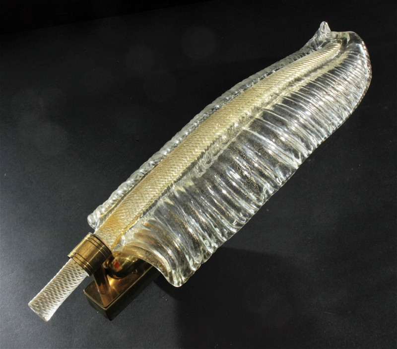 Italian Gold Flecked Glass & Brass Feather Sconce