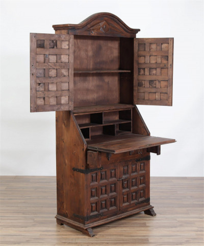Baroque Style Pine Slant Front Bureau Bookcase