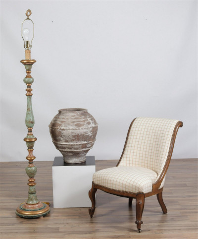 Image for Lot Victorian Style Slipper Chair, Lamp & Jar
