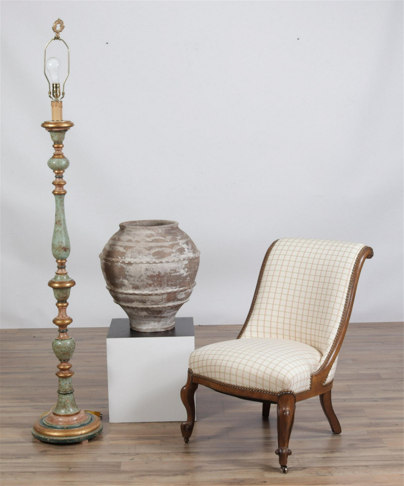 Victorian Style Slipper Chair, Lamp & Jar