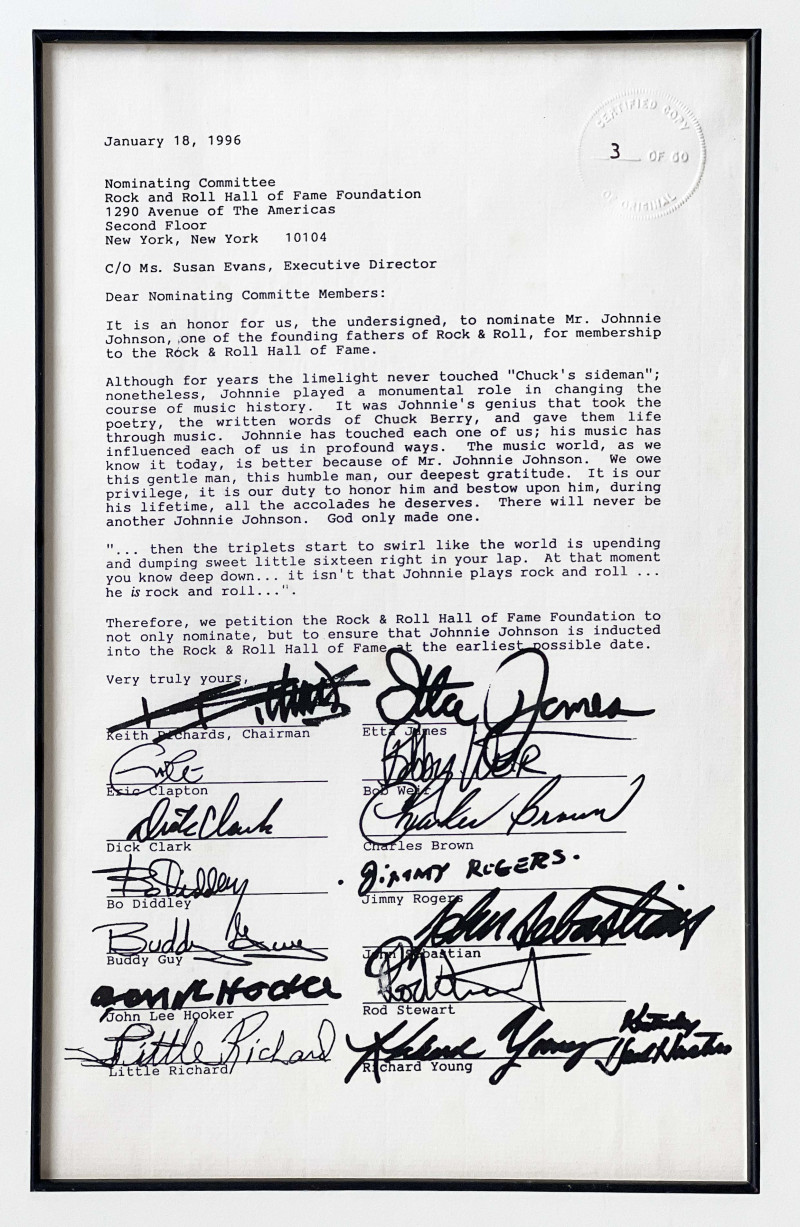 Rock And Roll Hall Of Fame Nomination Letter For Johnnie Johnson