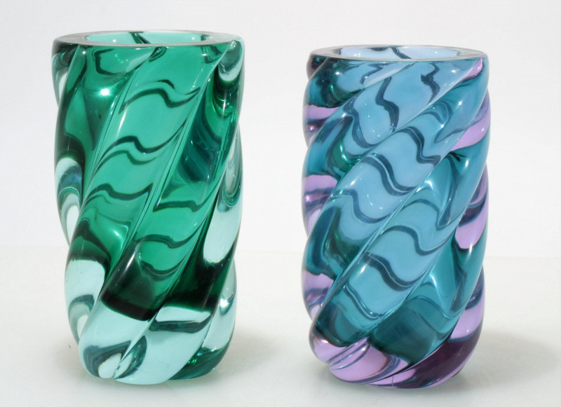 Flavio Poli - Two Spiral Ribbed Glass Vases, 1950