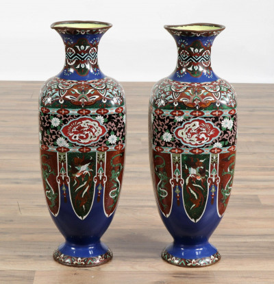 Image for Lot Pair Japanese Cloisonne/Copper Vases, 19/20 C.