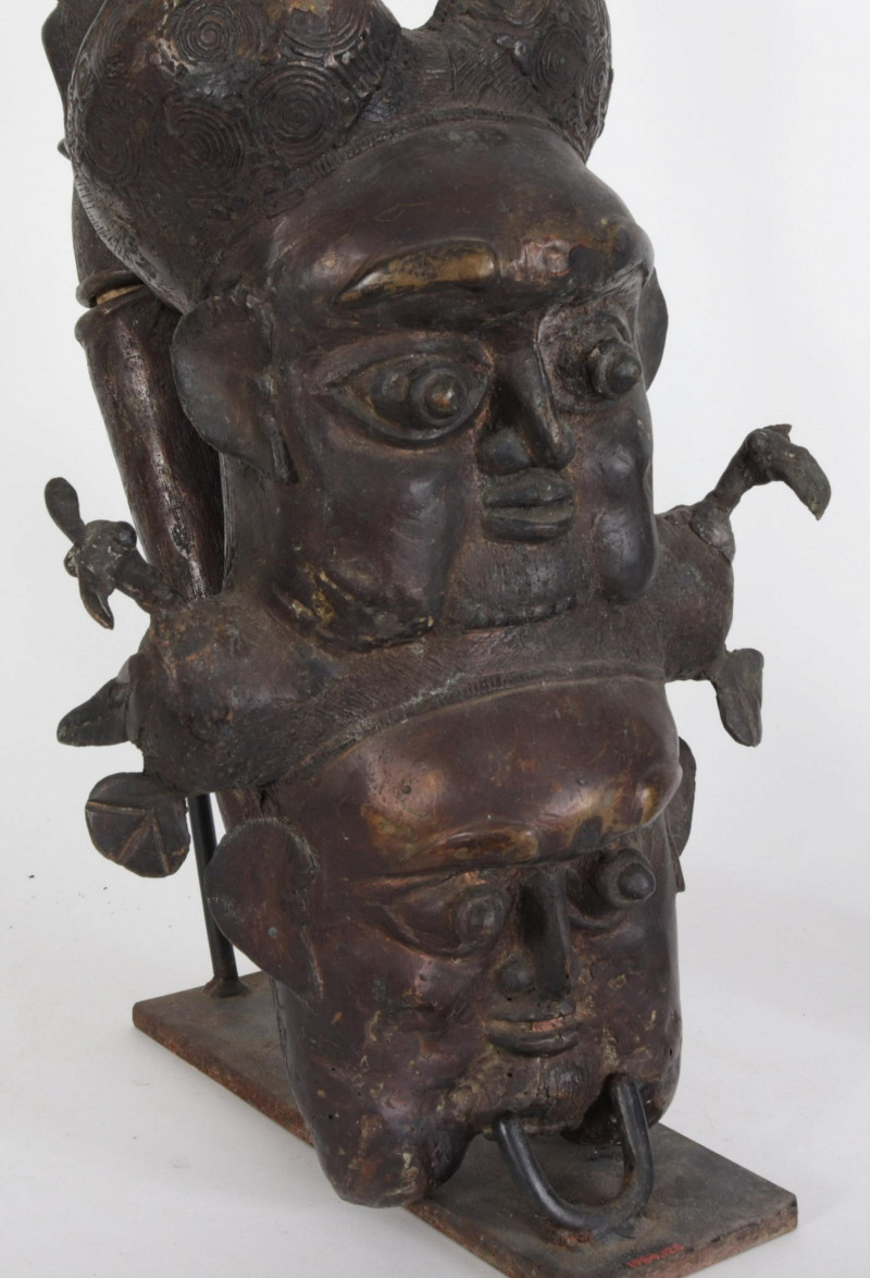 Benin & Bamum Style Bronze Figural Gong & Pipe