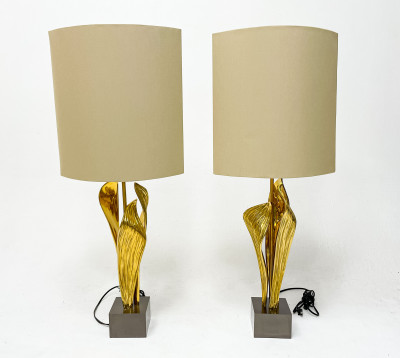 Image for Lot Pair of Maison Charles Gilt Metal Amaryllis Lamps