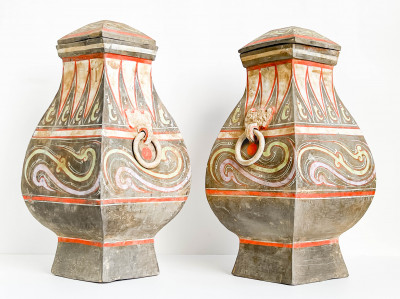 Image for Lot Pair of Chinese Painted Pottery Vessels and Covers, Fanghu