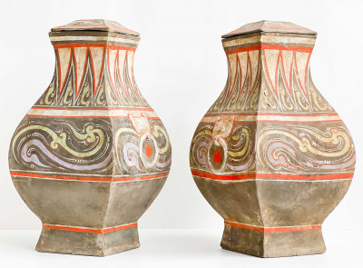 Image for Lot Pair of Chinese Painted Pottery Covered Vessels, Fanghu