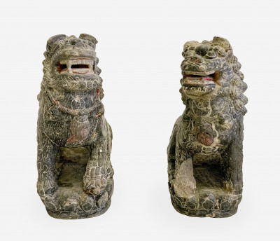Image for Lot Pair of Chinese Carved and Painted Stone Figures of Lions