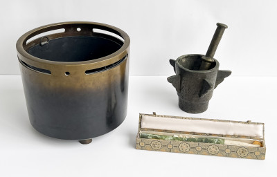 Chinese Bronze Brush Pot and Two other Articles