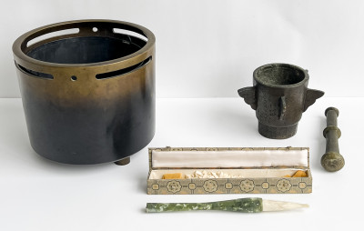 Chinese Bronze Brush Pot and Two other Articles