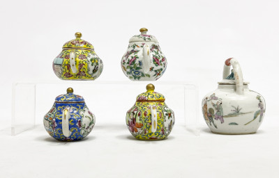 Assortment of 5 Chinese Porcelain Teapots