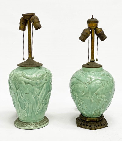 Two Late Art Deco Green Glazed Ceramic Lamps