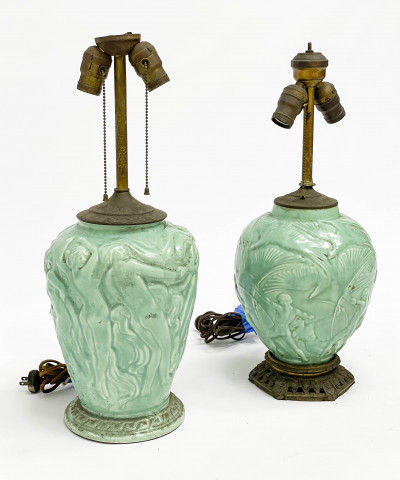 Two Late Art Deco Green Glazed Ceramic Lamps