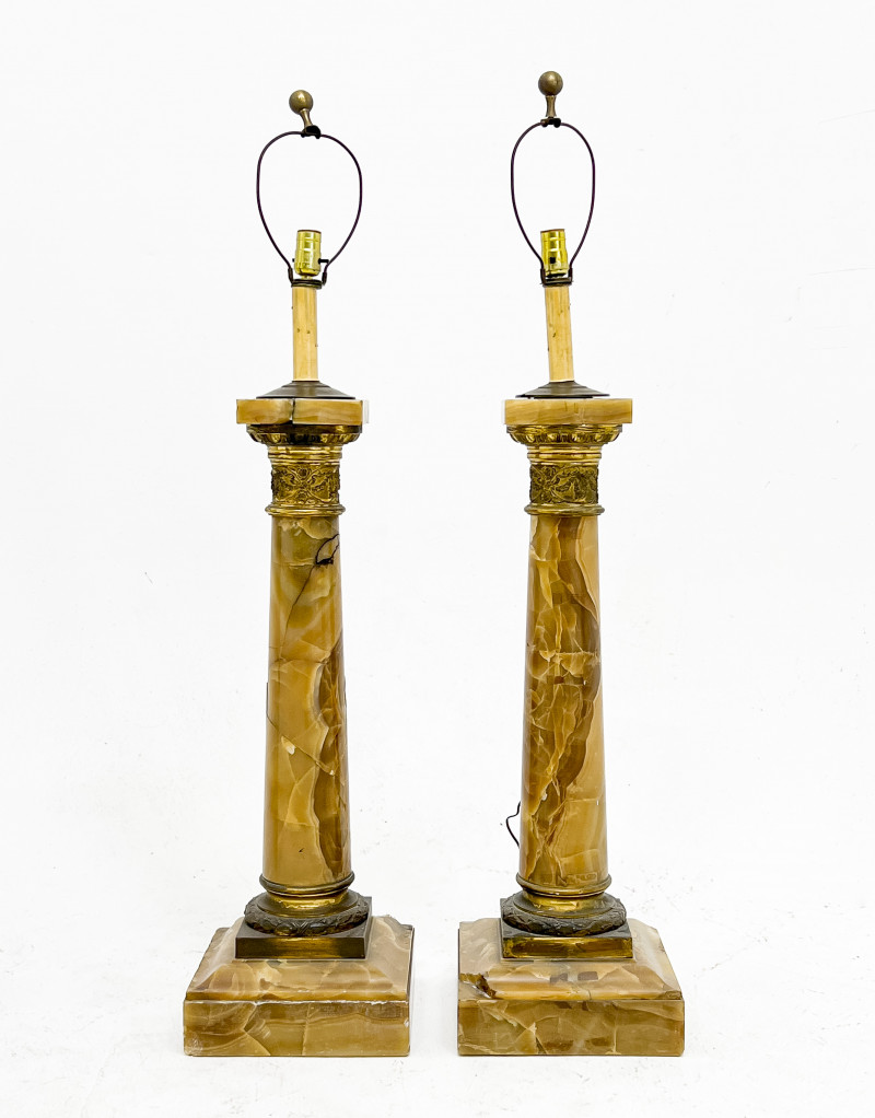 Pair of French Gilt-Metal and Onyx Pedestals, mounted as lamps