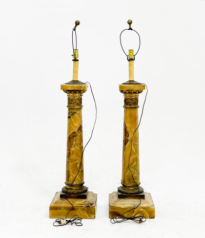 Pair of French Gilt-Metal and Onyx Pedestals, mounted as lamps