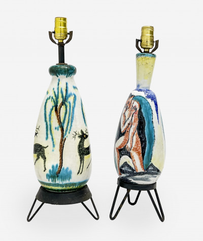 Two Polychrome Glazed Ceramic Table Lamps