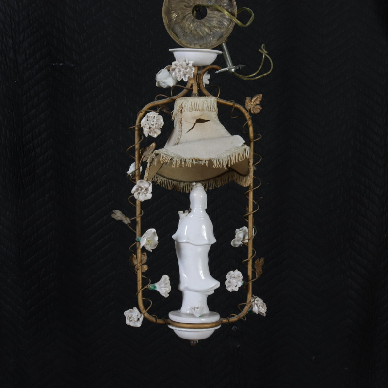 Mid Century Porcelain Mounted Gold Lantern