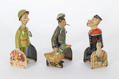Three Vintage Tin Litho Wind-Up Walking Figures