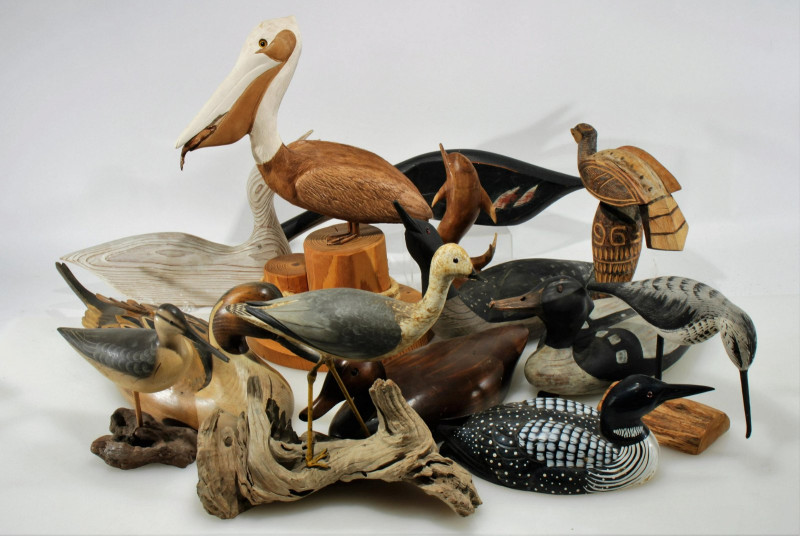 Lot of Wooden Carved Decoys, Birds, Dolphin