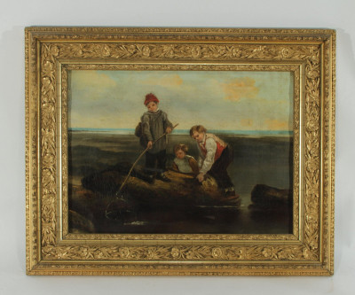 19th C. Fishing From the Rocks, O/C