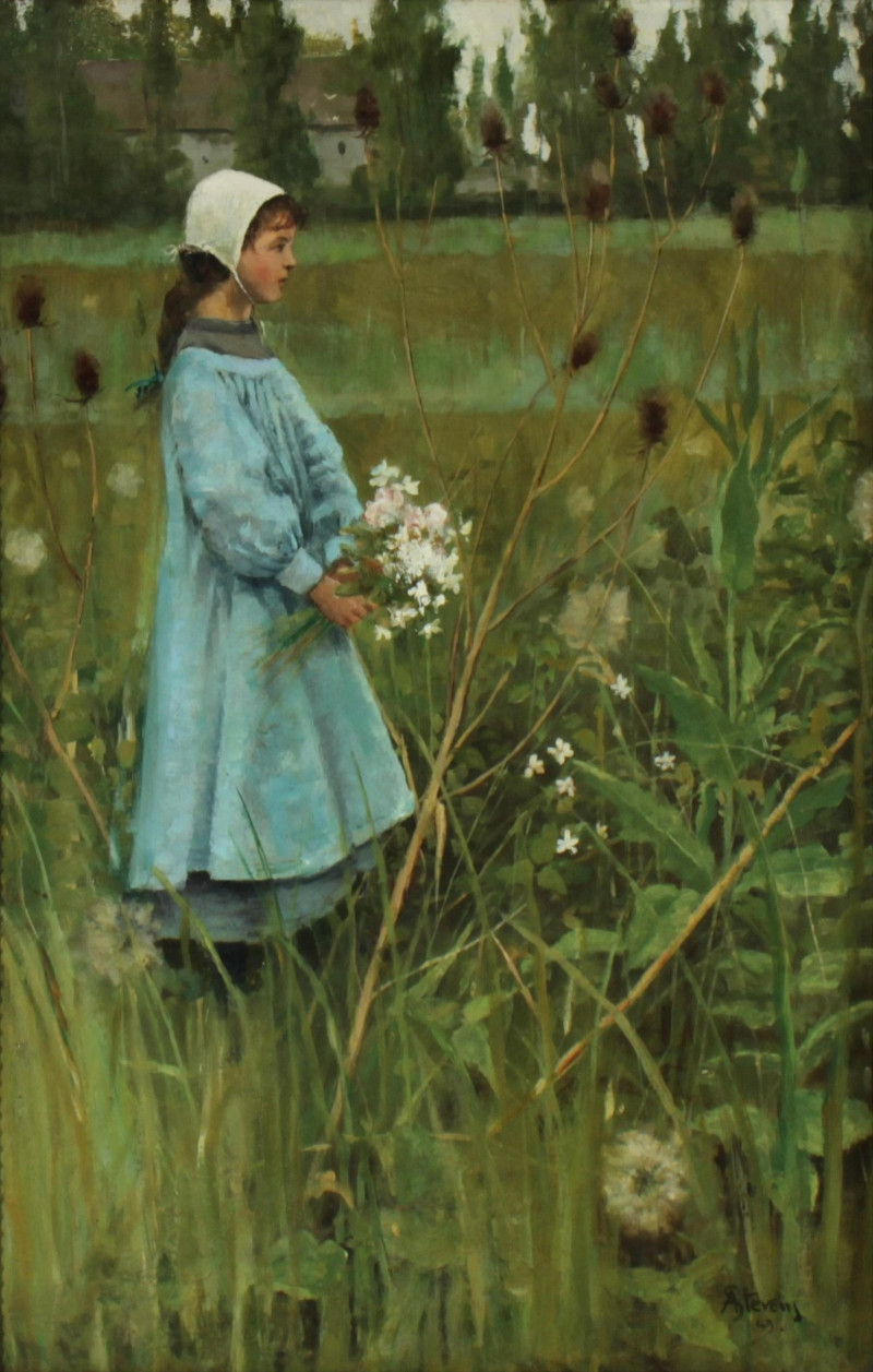 Alfred Stevens, Young Girl With Flowers O/C