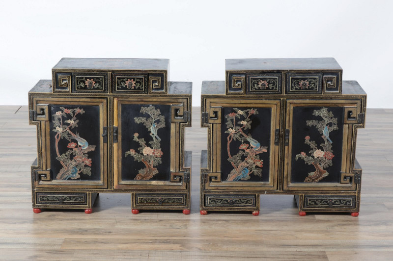 Pair Chinese Gilt Black Lacquer Low Cabinet