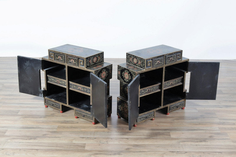 Pair Chinese Gilt Black Lacquer Low Cabinet