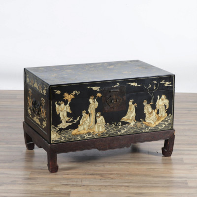 Image for Lot Chinese Gilt & Black Lacquered Trunk on Stand