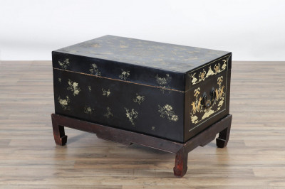 Chinese Gilt & Black Lacquered Trunk on Stand