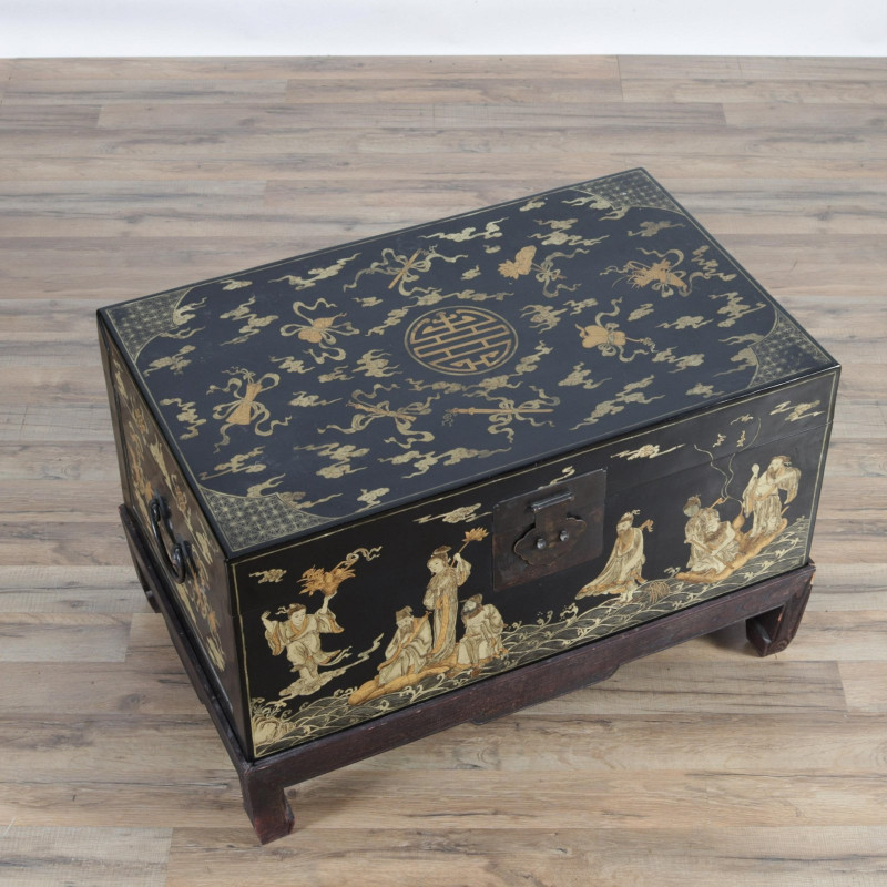 Chinese Gilt & Black Lacquered Trunk on Stand